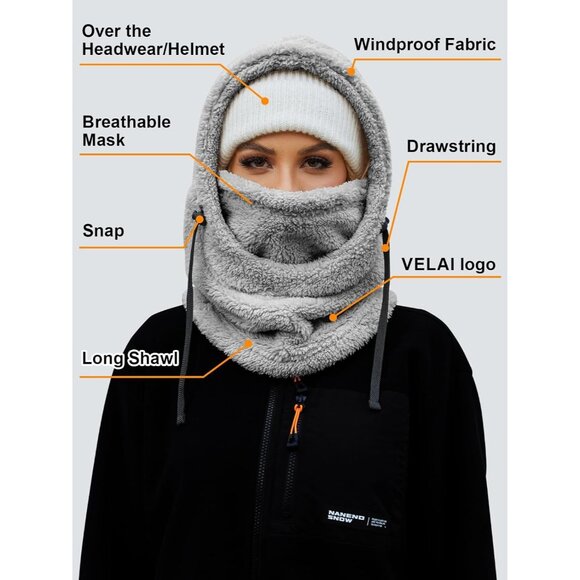 Fleece Balaclava Ski Grey Mask Men Women Winter Face Mask Windproof Hood Neck - Picture 6 of 7